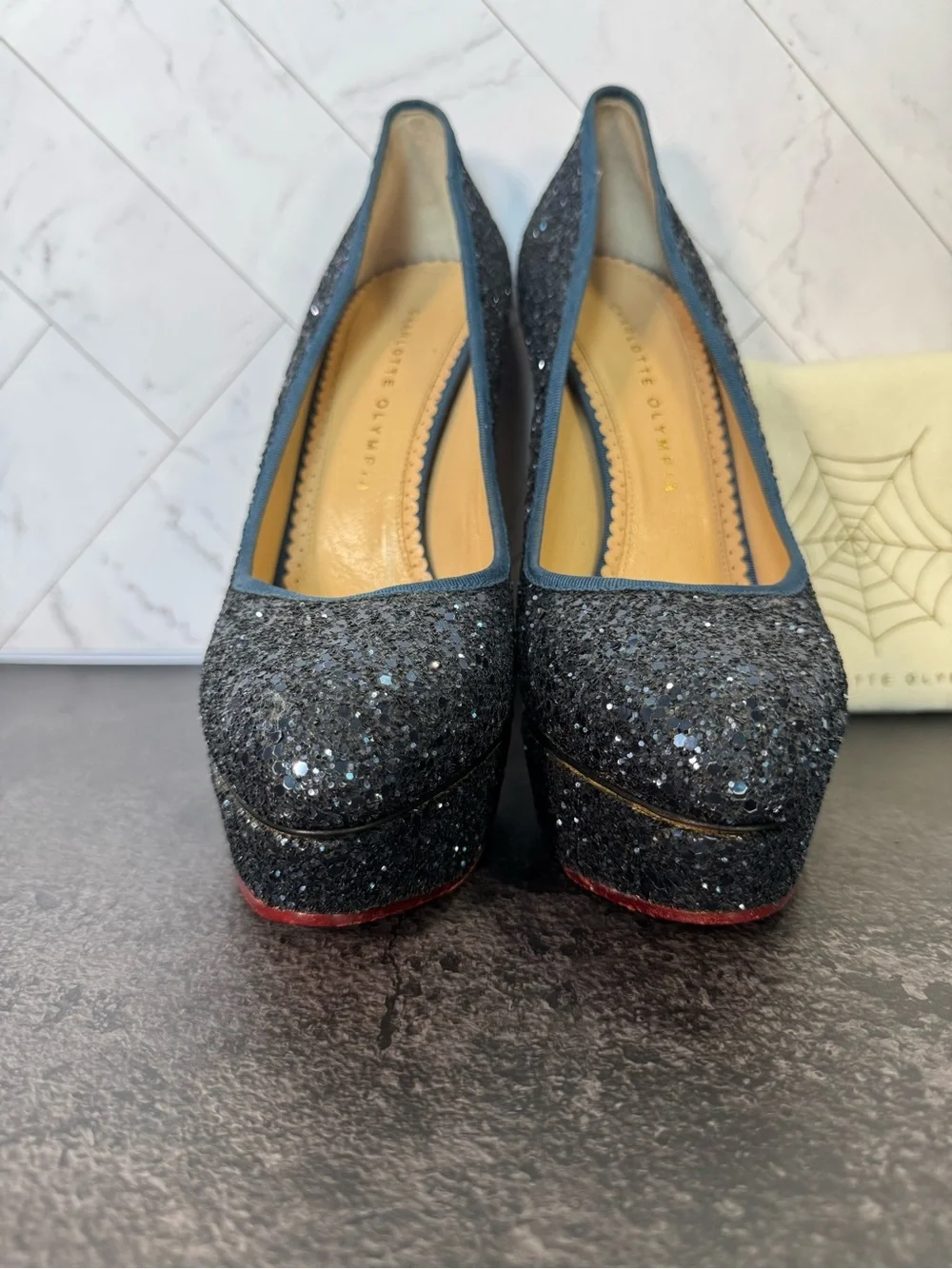 Charlotte Olympia Blue Glitter Platform Pump Heels, Size 40